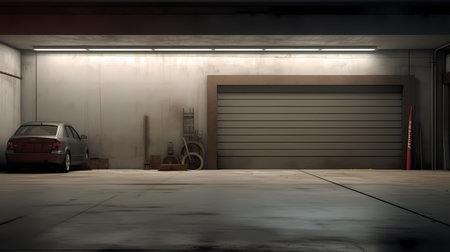 3d rendering of an empty warehouse with a car in the backgroundの素材
