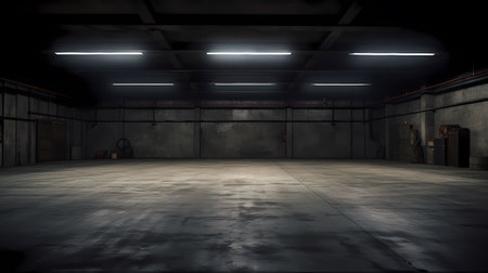 3D rendering of an empty warehouse with lights in the background.の素材
