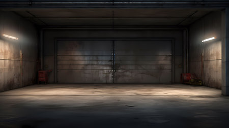 3D rendering of a warehouse with an empty space for your contentの素材