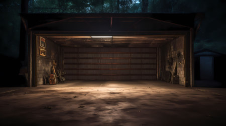 3D rendering of a dark abandoned warehouse at night with lights and fogの素材
