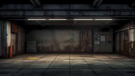 3D rendering of an old factory warehouse with a dark background.の素材