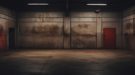 3d rendering of an empty warehouse with a red door in the middleの素材
