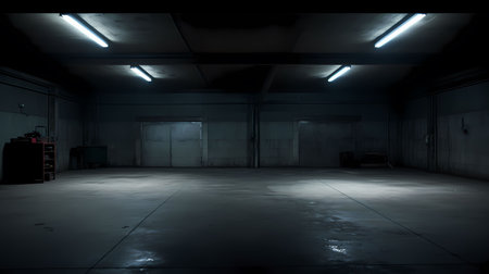 Empty warehouse at night with a lot of light in the dark.の素材