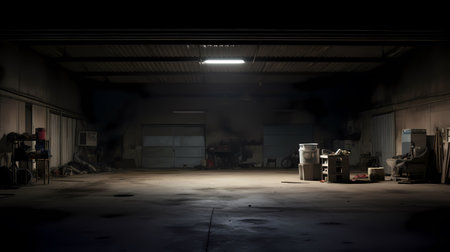 3D rendering of an industrial factory with a large warehouse at nightの素材