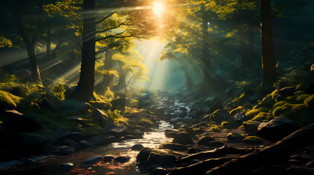 Fantasy landscape with a river and sunbeams in the forestの素材