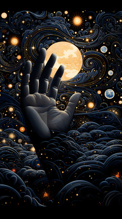 Zombie hand reaching out to the full moon. Vector illustration.の素材