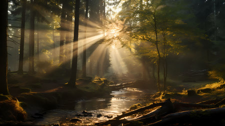 Forest river in the morning with sunbeams and rays of lightの素材
