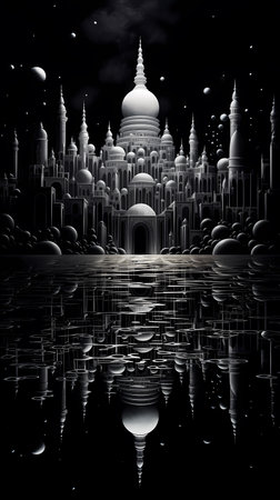 Illustration of a fractal background with a mosque and reflection in waterの素材