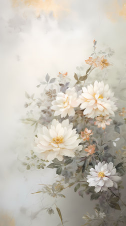 White flowers on a gray background with bokeh effect and copy spaceの素材