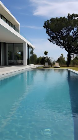 Modern villa with swimming pool, view from the garden. Nobody insideの素材