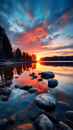 Colorful sunset over lake with rocks and reflection in water. Finlandの素材