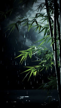Dark rain forest with bamboo leaves and rain drops. 3D renderingの素材
