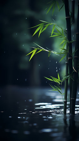 Bamboo forest with raindrops on dark background. 3d illustrationの素材