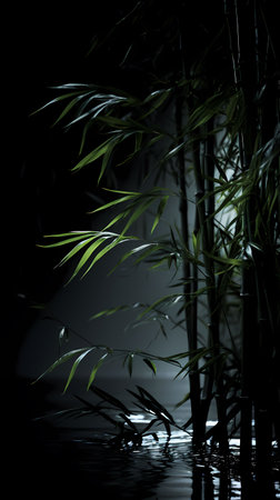 bamboo in dark room with reflection in water, 3d illustrationの素材