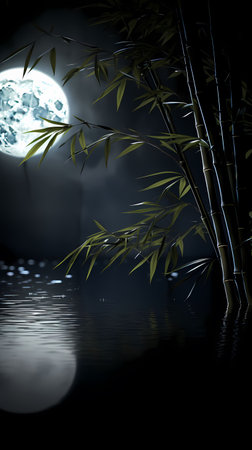 Night landscape with bamboo and moon. 3D illustration. Full moon reflected in water.の素材