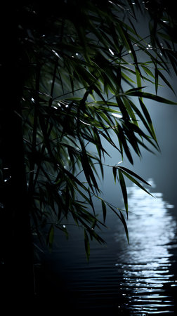 Bamboo leaves on a dark background with water droplets and reflectionの素材