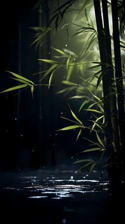 Bamboo forest at night with water droplets on the floor.の素材