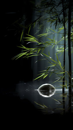 bamboo in the dark with reflection in the water, 3d illustrationの素材