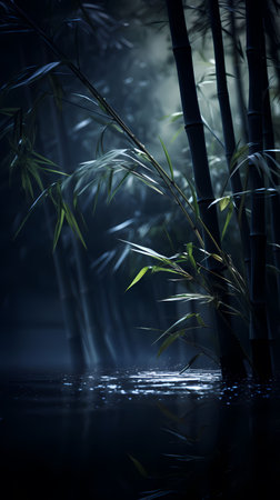 bamboo forest in the mist at night with reflection on the waterの素材