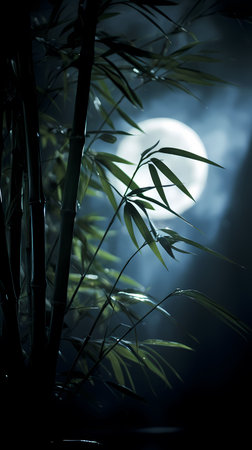 Bamboo leaves and full moon in the night. Shallow depth of fieldの素材