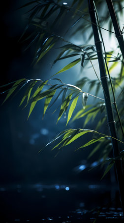 Bamboo leaves on a dark background. Shallow depth of field.の素材