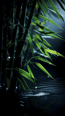 Bamboo leaves on dark background with water drops. Copy space.の素材