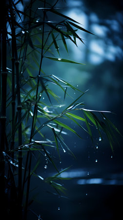 Bamboo forest at night with raindrops on the leaves. Shallow depth of fieldの素材