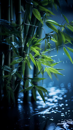 Bamboo with rain drops on dark blue background. Shallow DOFの素材