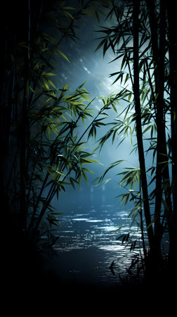 Bamboo forest in the misty dark night. 3D renderingの素材