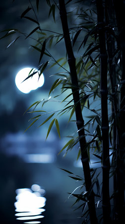 bamboo in the park at night with moon and reflection in waterの素材