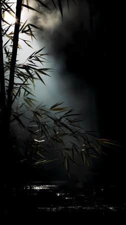 Bamboo forest in the fog at night, 3d render.の素材