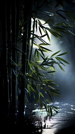 Bamboo forest at night with fog and moonlight. Abstract backgroundの素材