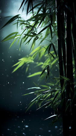 Bamboo leaves in the rain on a dark background with raindropsの素材