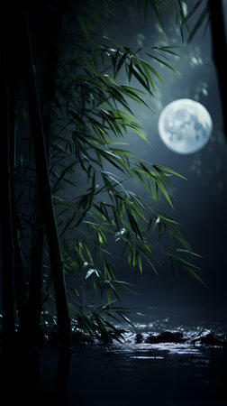 Full moon over bamboo forest at night. 3D render illustration.の素材