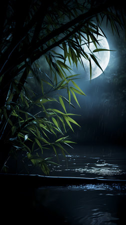 Night landscape with bamboo forest and full moon in the night sky.の素材