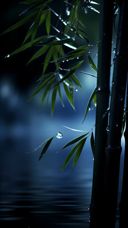 bamboo grove with water drop on dark background, closeupの素材