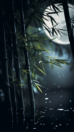 Bamboo forest at night with full moon. 3d illustration.の素材
