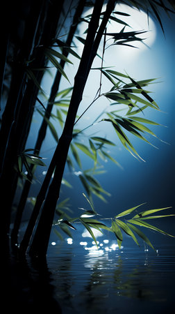 bamboo forest with reflection in water on dark background, closeupの素材