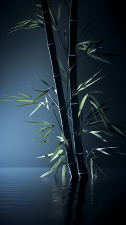 3D illustration of a bamboo in a dark blue background with reflectionの素材