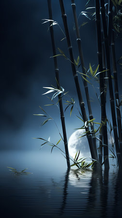 Bamboo forest and full moon in the night. 3D renderingの素材