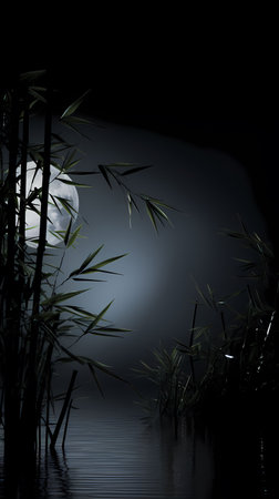 Bamboo and moon in the dark night. 3D illustration.の素材