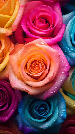 Colorful roses background. Close up of beautiful multicolored roses.の素材