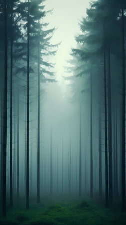Mysterious foggy forest with coniferous trees, 3d renderの素材