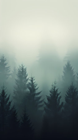 Foggy morning in the coniferous forest. Toned.の素材