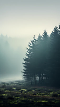 Foggy landscape with coniferous forest in the foreground.の素材
