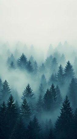 Foggy forest in the mountains. Pine trees in the fog.の素材