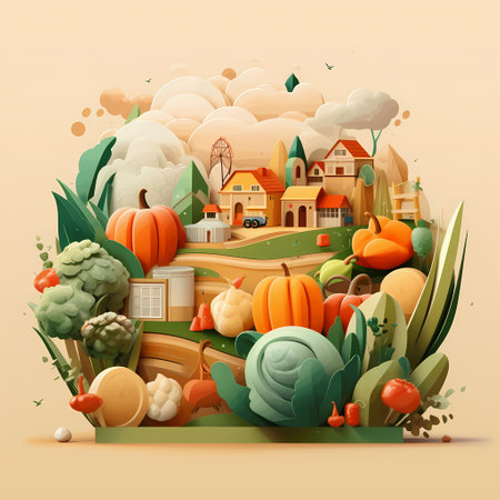 Fairytale village with houses and vegetables. Vector cartoon illustration.の素材