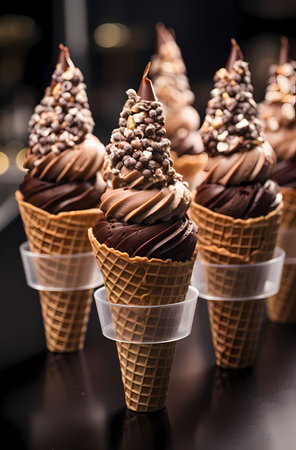 Chocolate ice cream in waffle cones on a black background.の素材