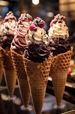 Ice cream in waffle cones with chocolate and raspberries.の素材