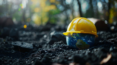 Conceptual image of Earth planet in a hard hat on the groundの素材